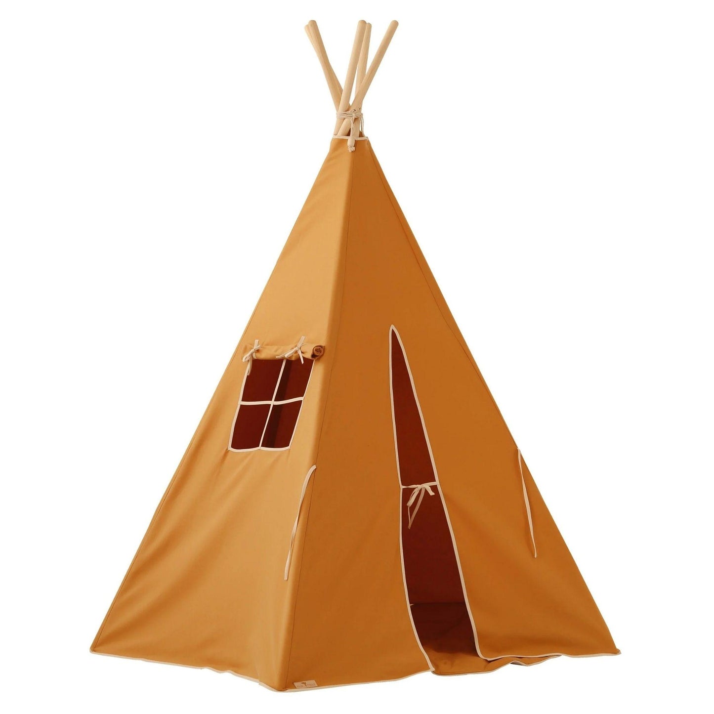 Orange teepee tent with wooden poles on a white background