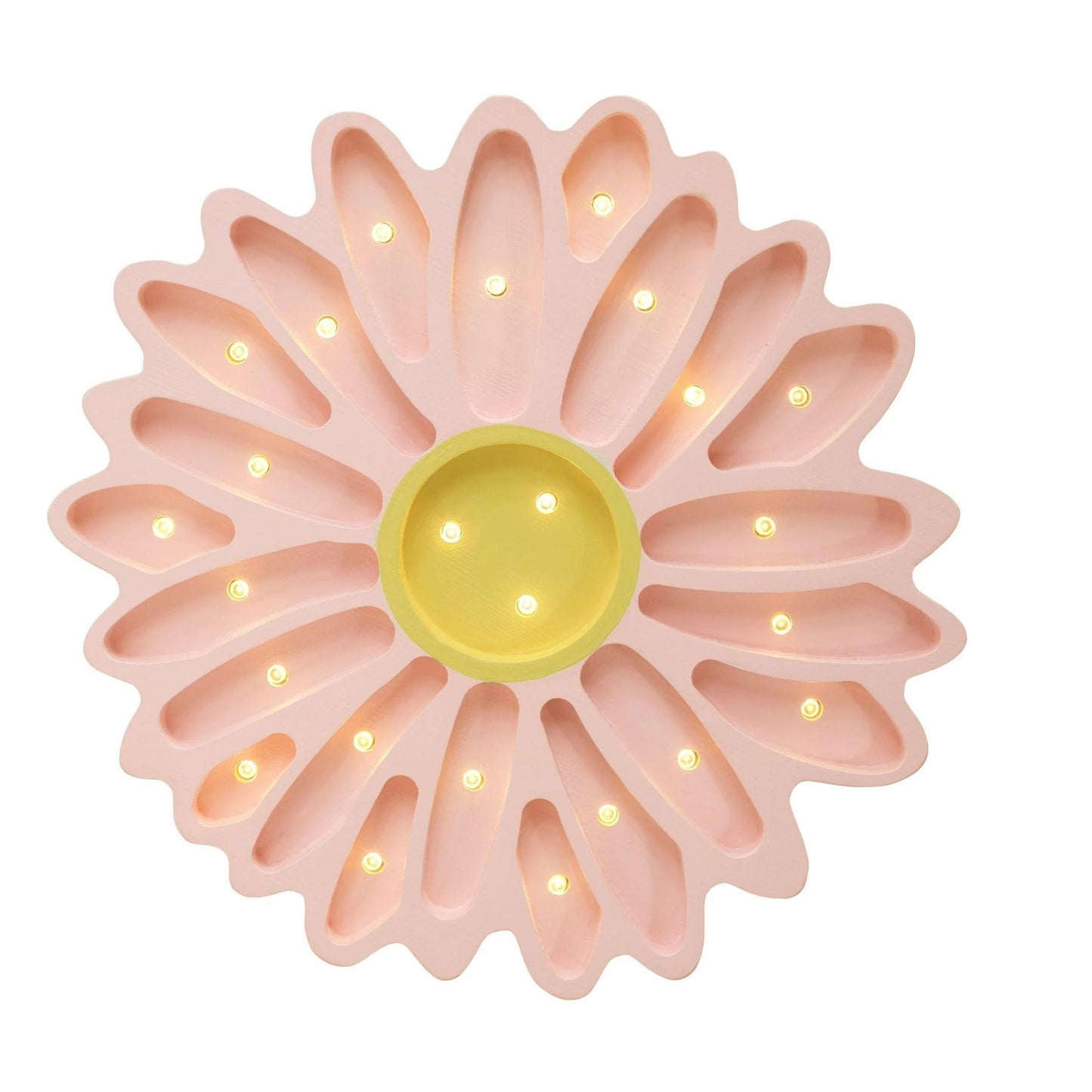 Pink flower-shaped light with a yellow center on a white background