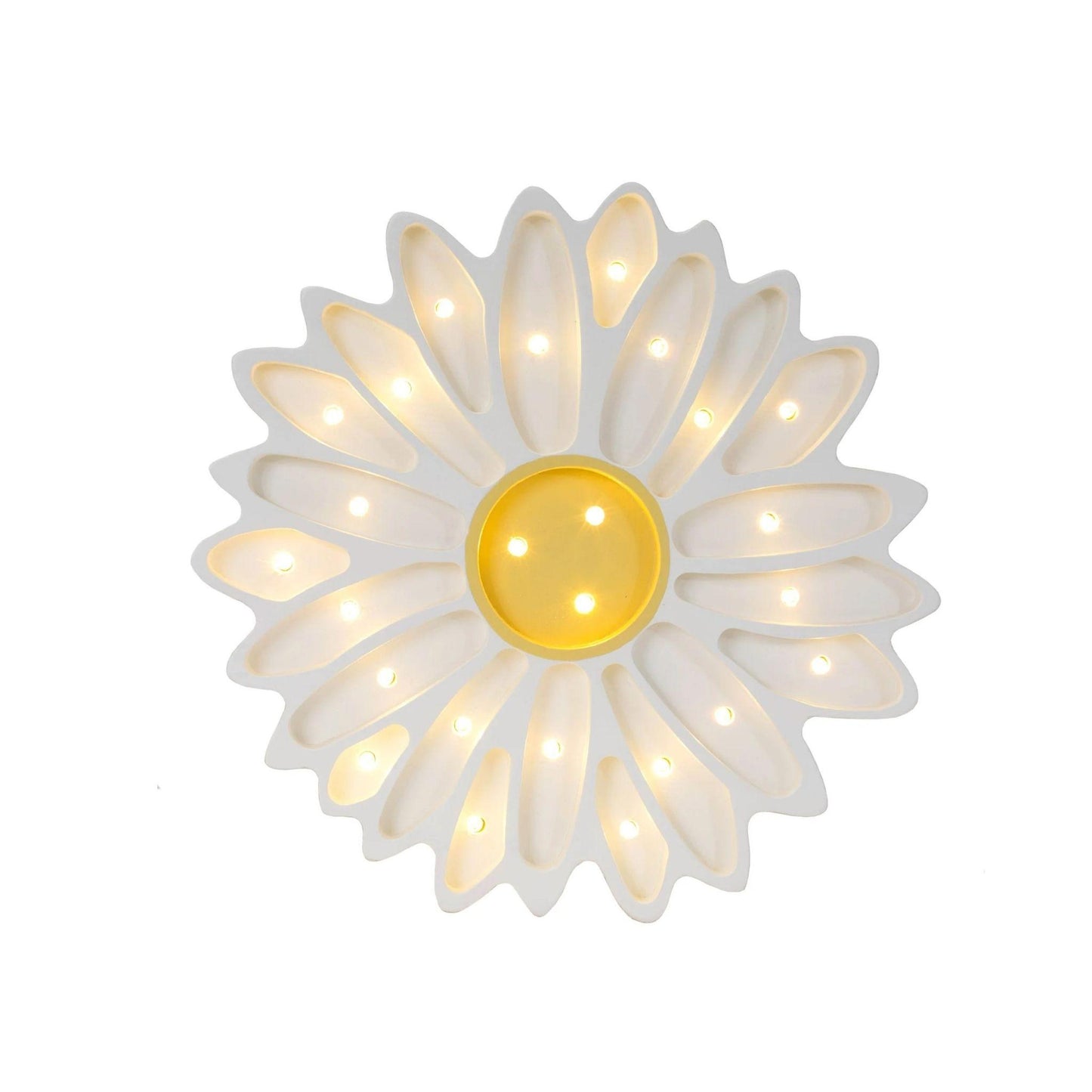 Decorative wall light shaped like a daisy with a white petals and yellow center on a white background
