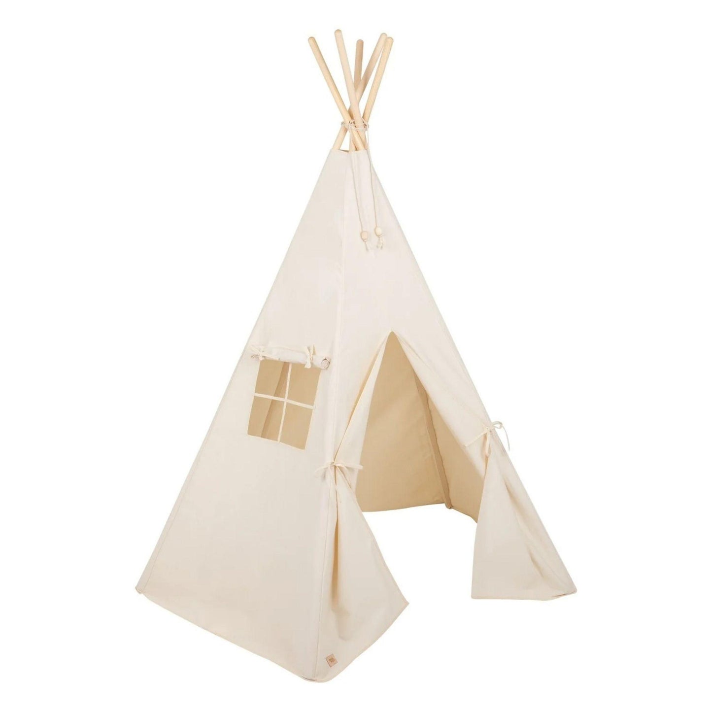 Beige children's teepee tent with wooden poles on a white background