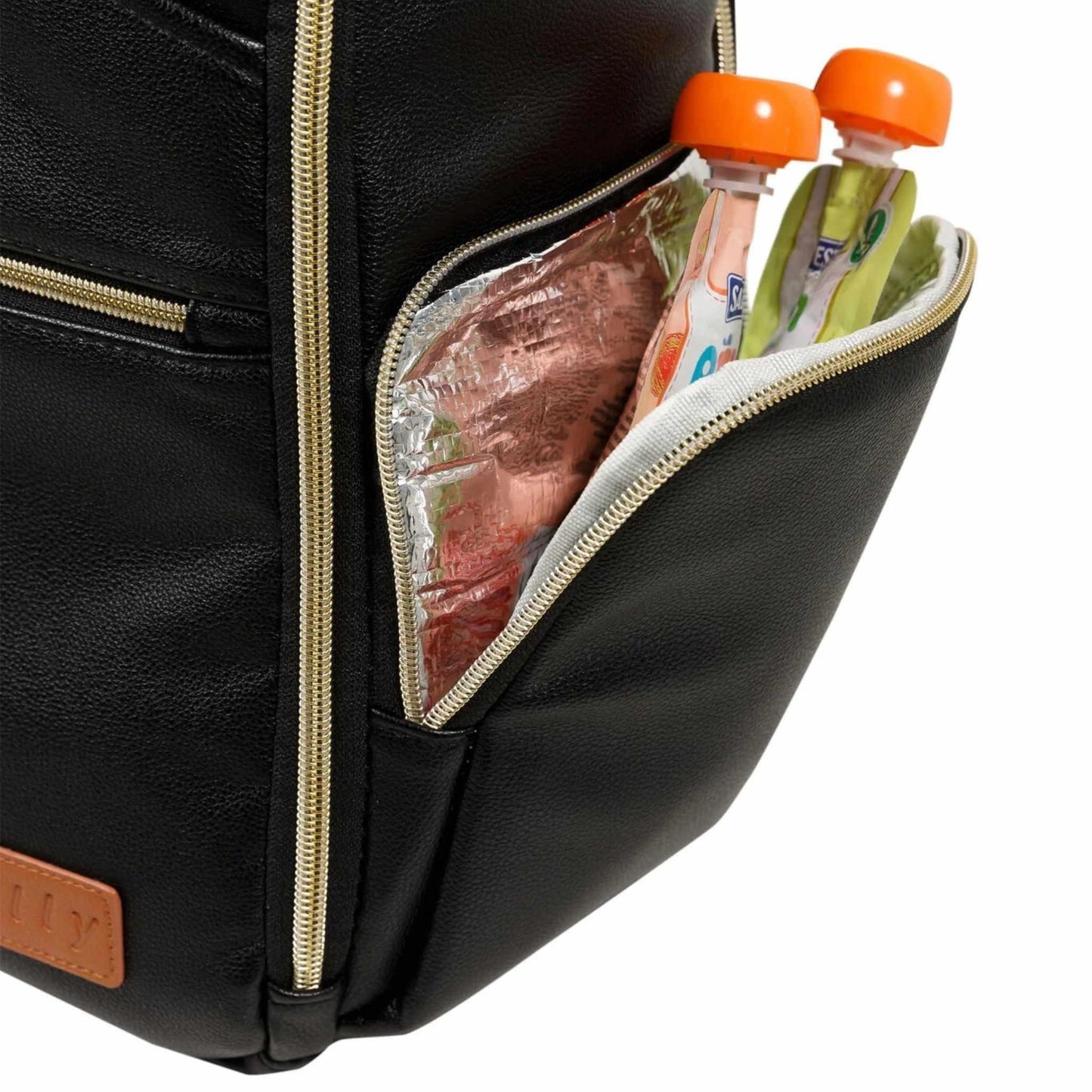 Black insulated lunch bag with food items and drinks on a white background