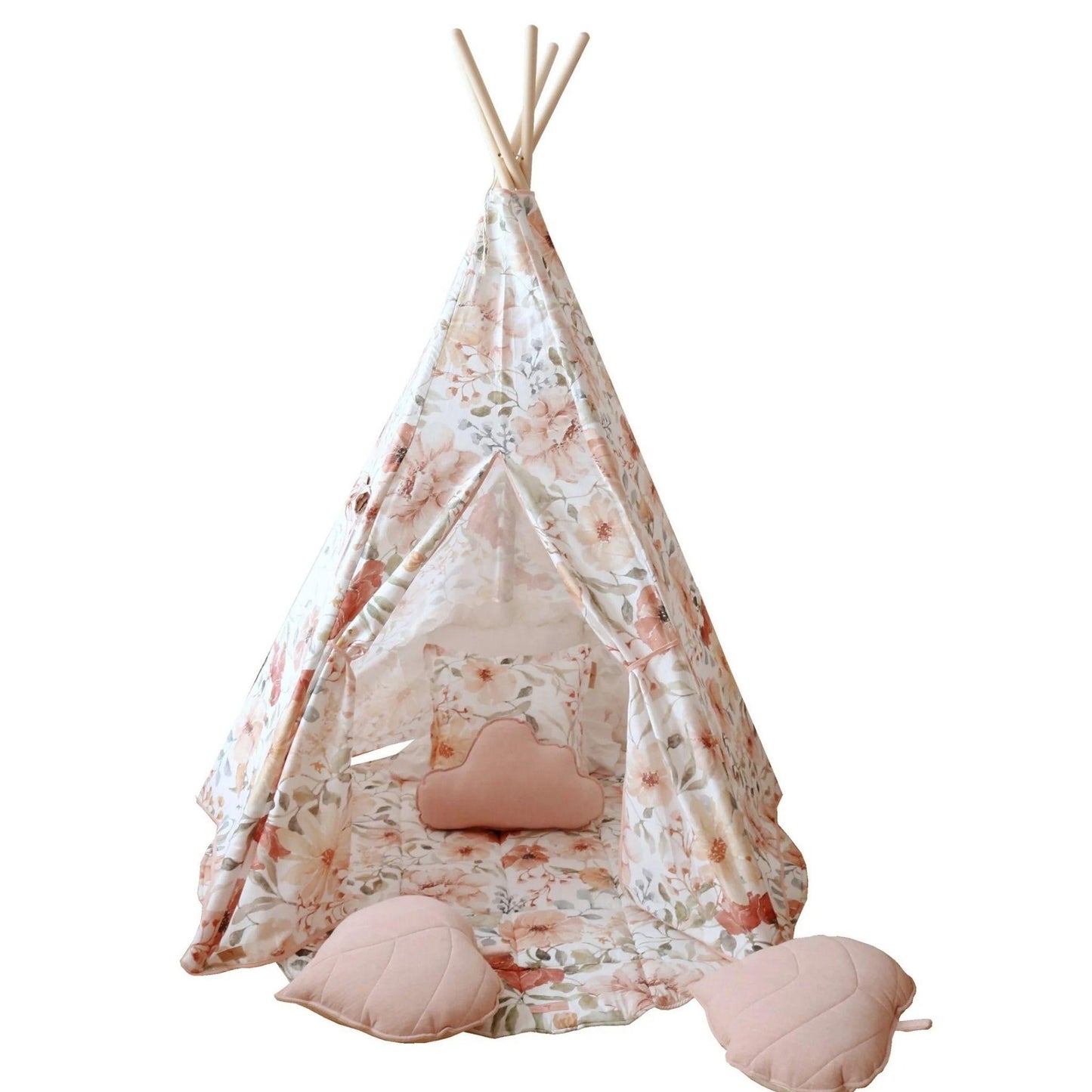 Floral-patterned teepee with pink cushions on a white background
