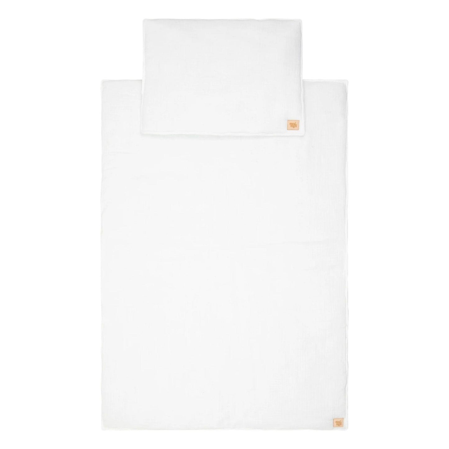 White pillowcase with a brand logo on a white background