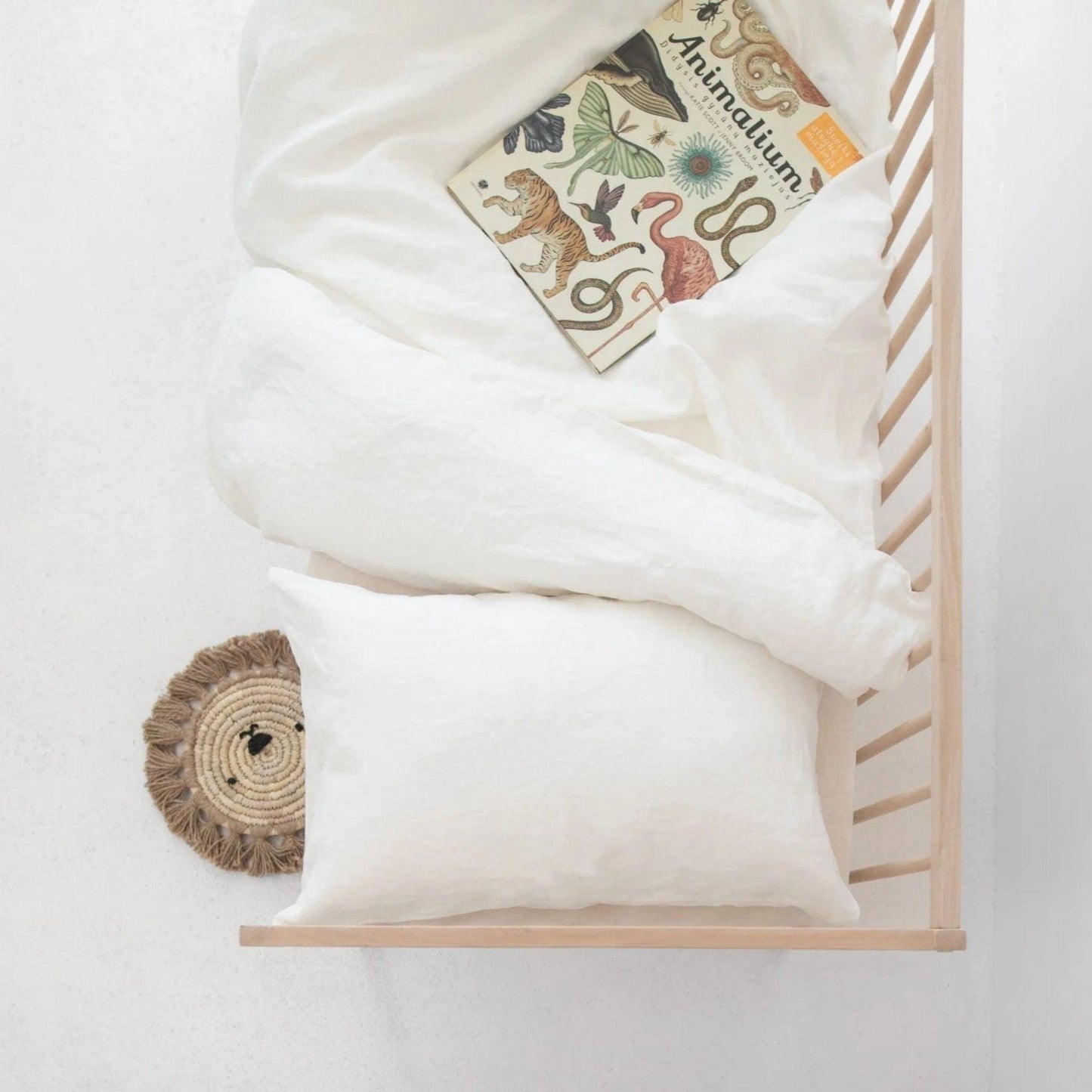 Children's book titled 'Animalium' on a white surface with a wooden frame.