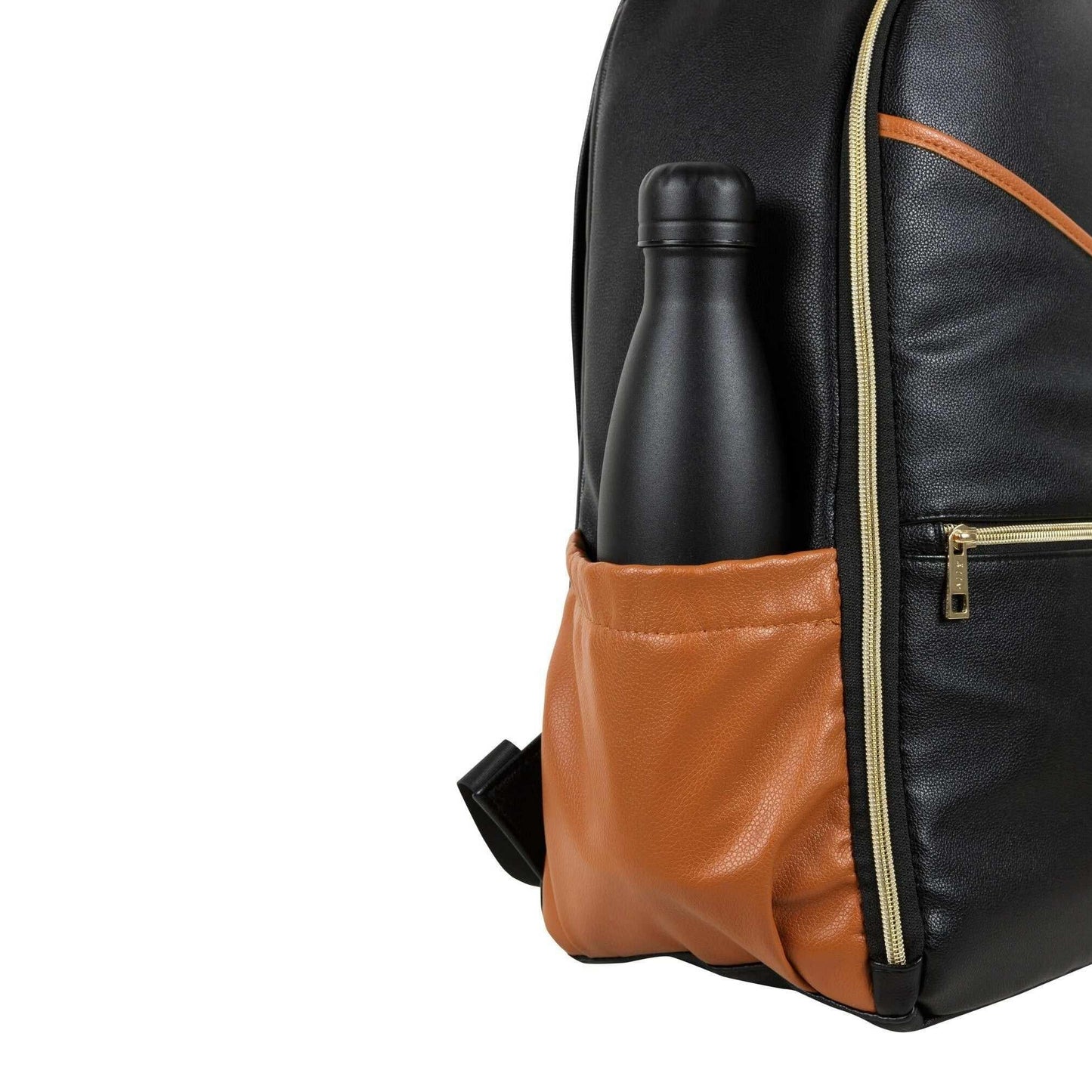 Black backpack with a brown pocket containing a black water bottle on a white background