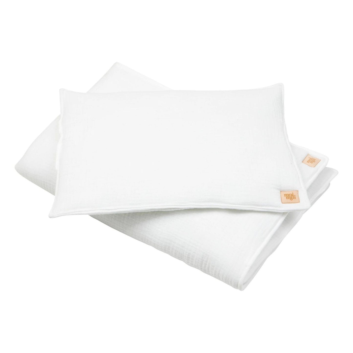 Two white pillows with a brand logo on a white background