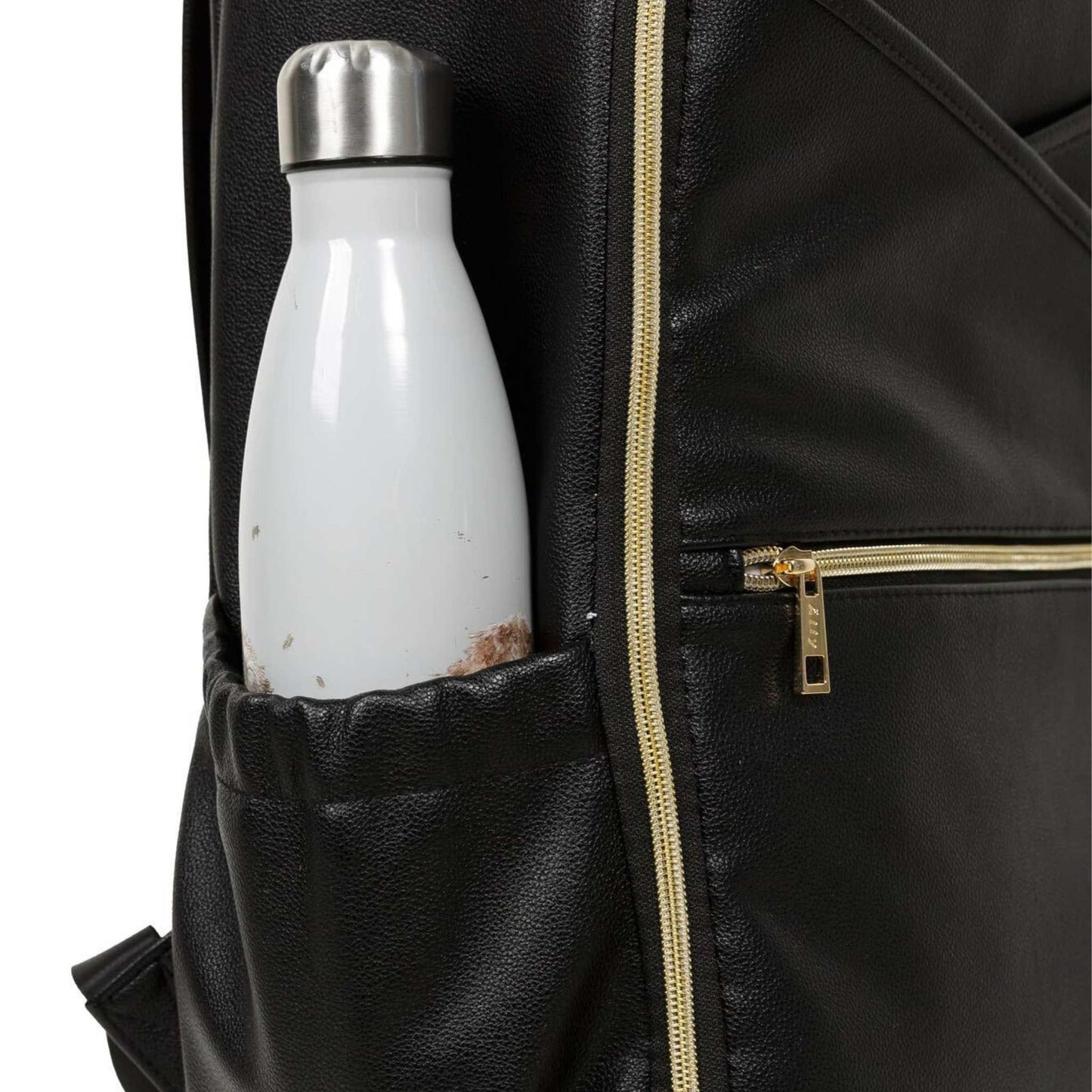 White water bottle with silver cap in a black leather bag