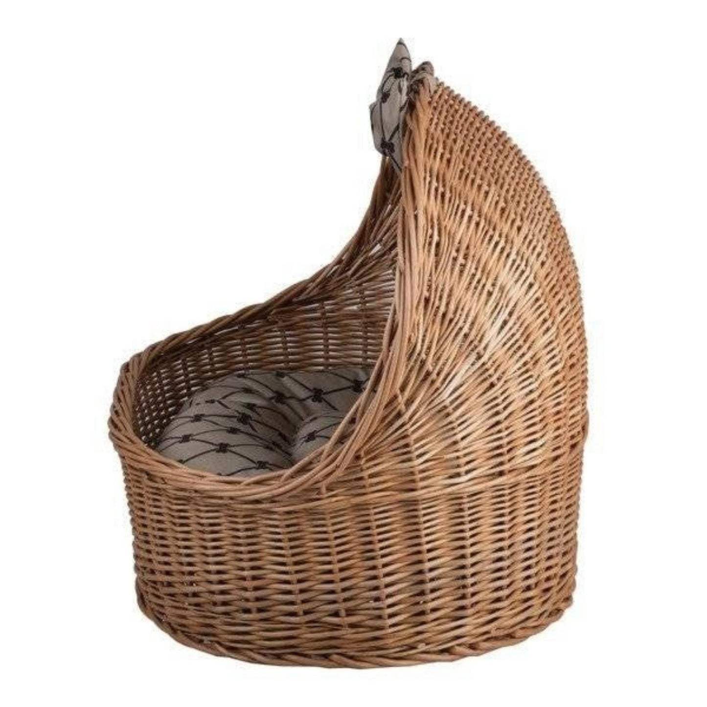 Wicker pet bed with a gray cushion on a white background