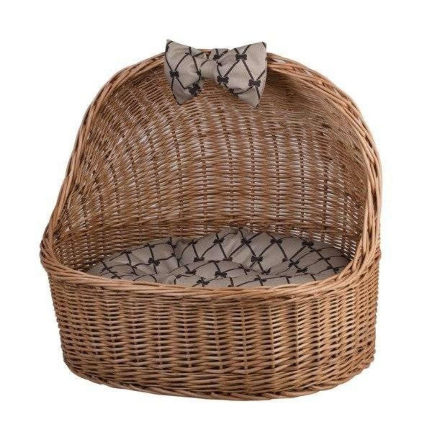 Wicker pet bed with a bow on a white background