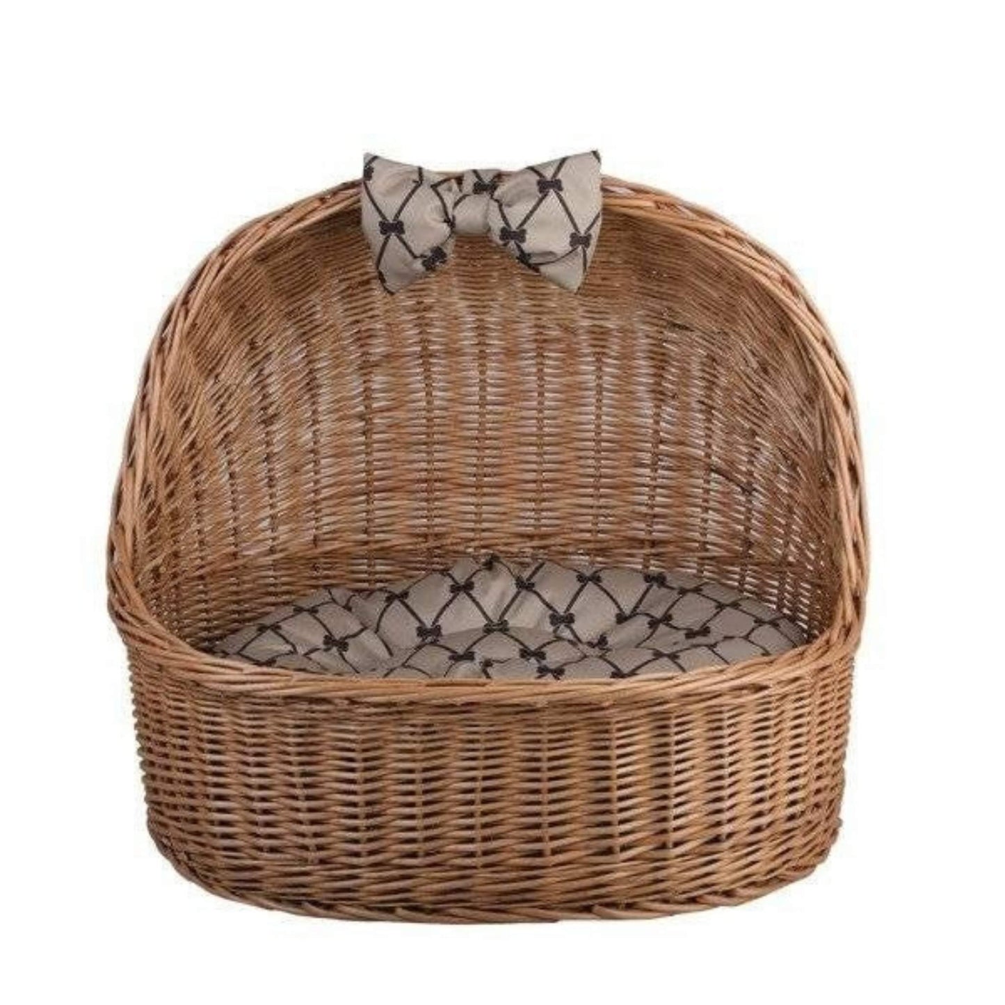 Wicker pet bed with a bow tie on a white background