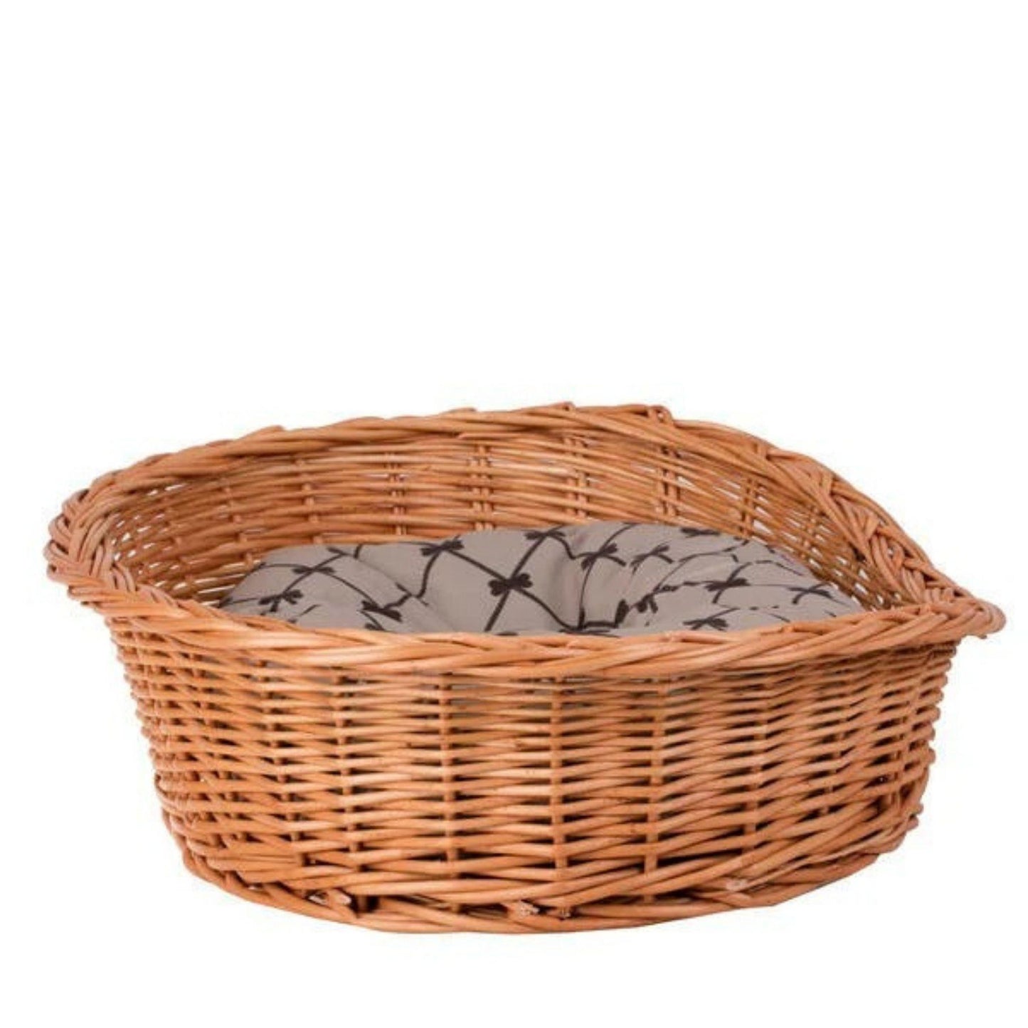 Wicker pet bed with a gray cushion on a white background