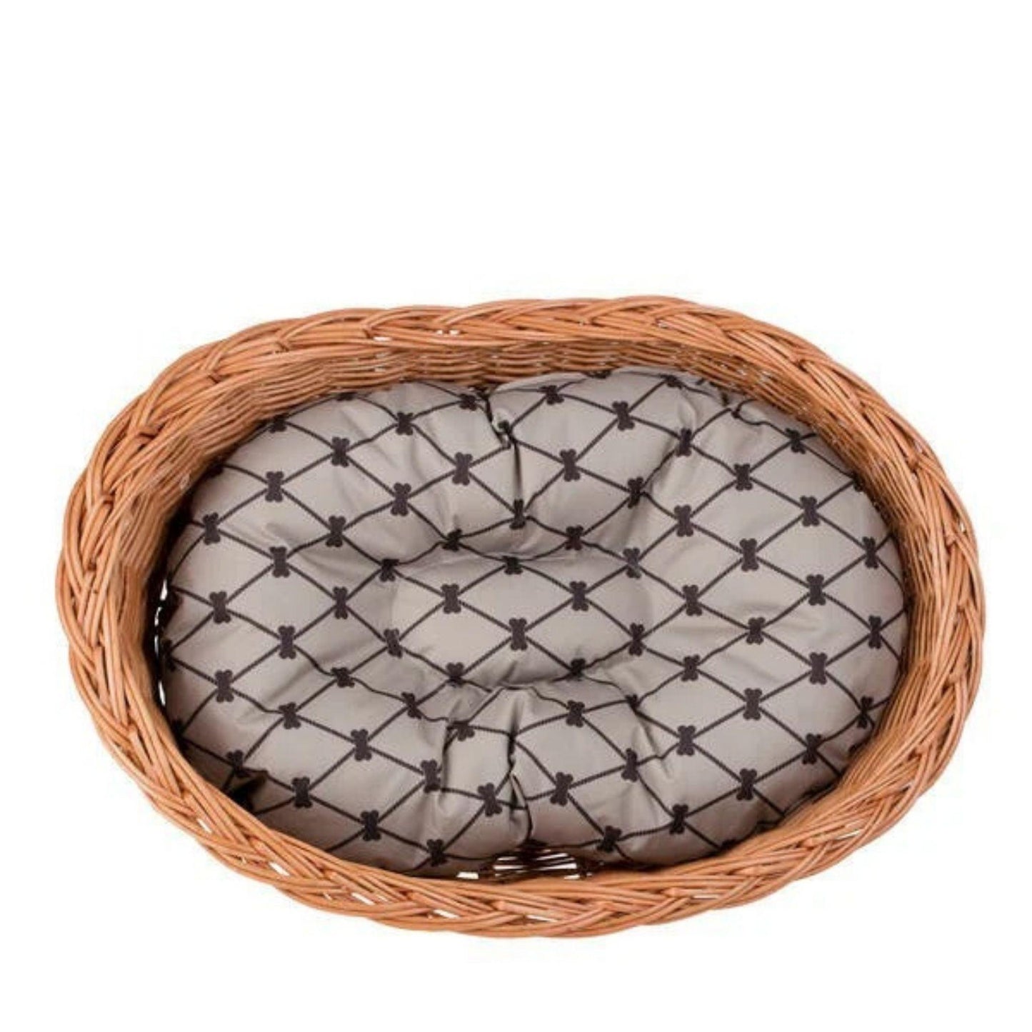 Wicker pet bed with a gray cushion on a white background