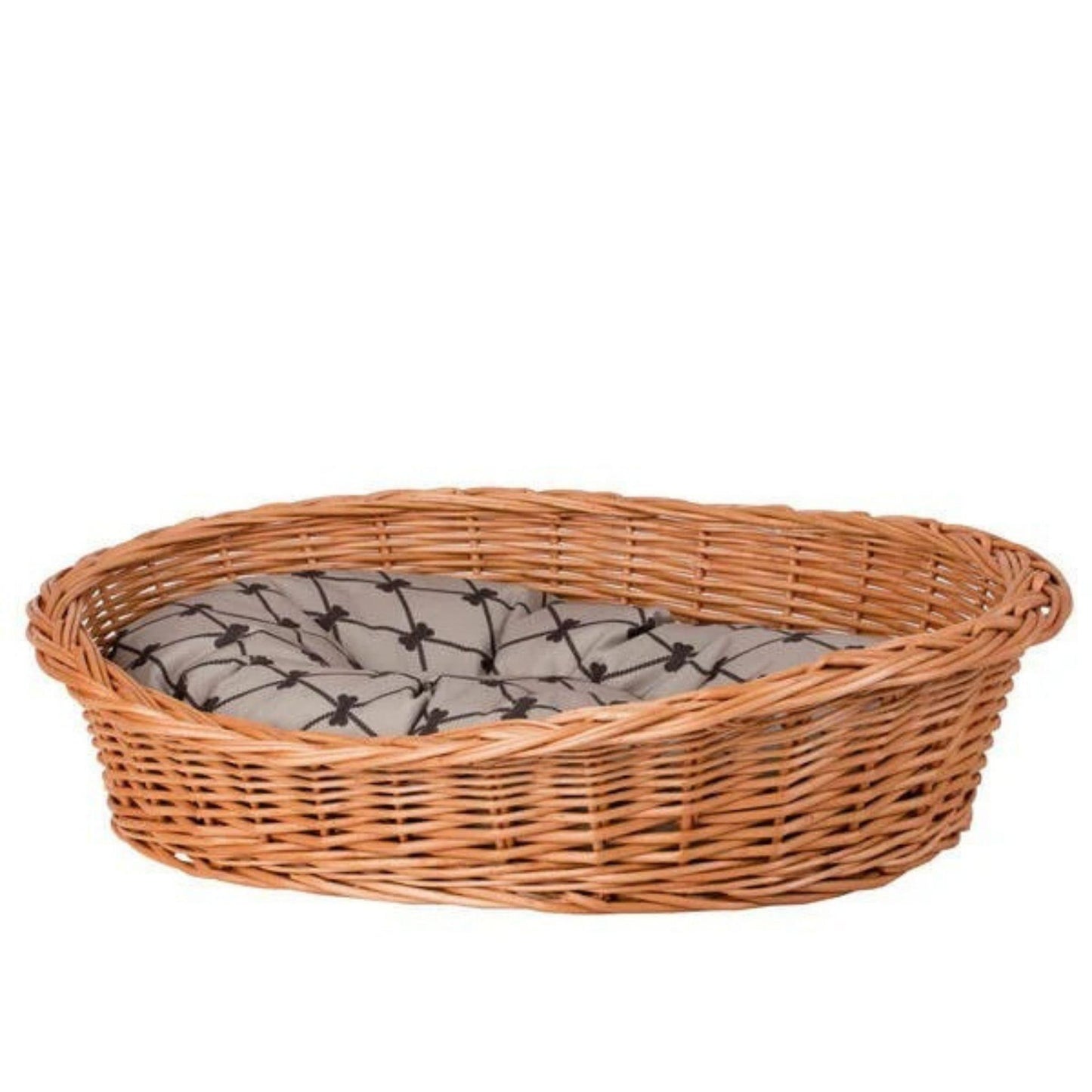 Wicker pet bed with a gray cushion on a white background