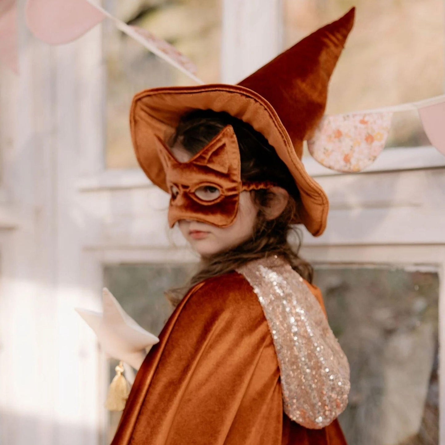 Child wearing a brown witch costume with a hat and mask, standing in front of a decorative background.