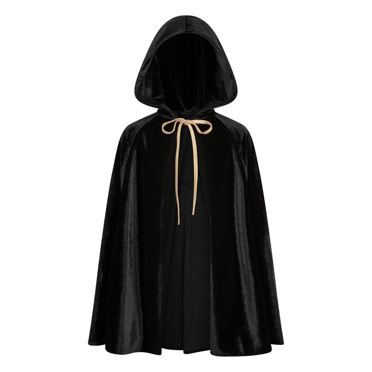 Black hooded cloak with a beige ribbon on a white background