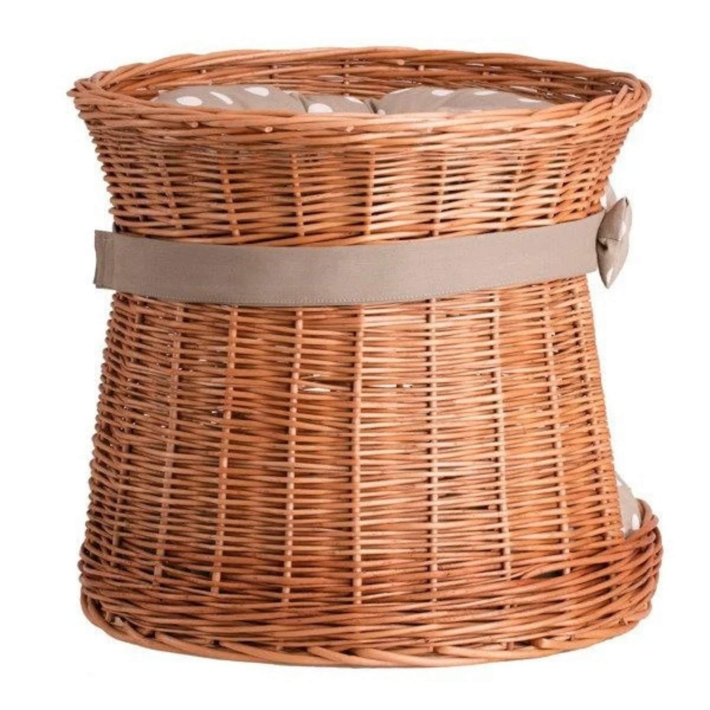 Wicker laundry basket with a strap on a white background