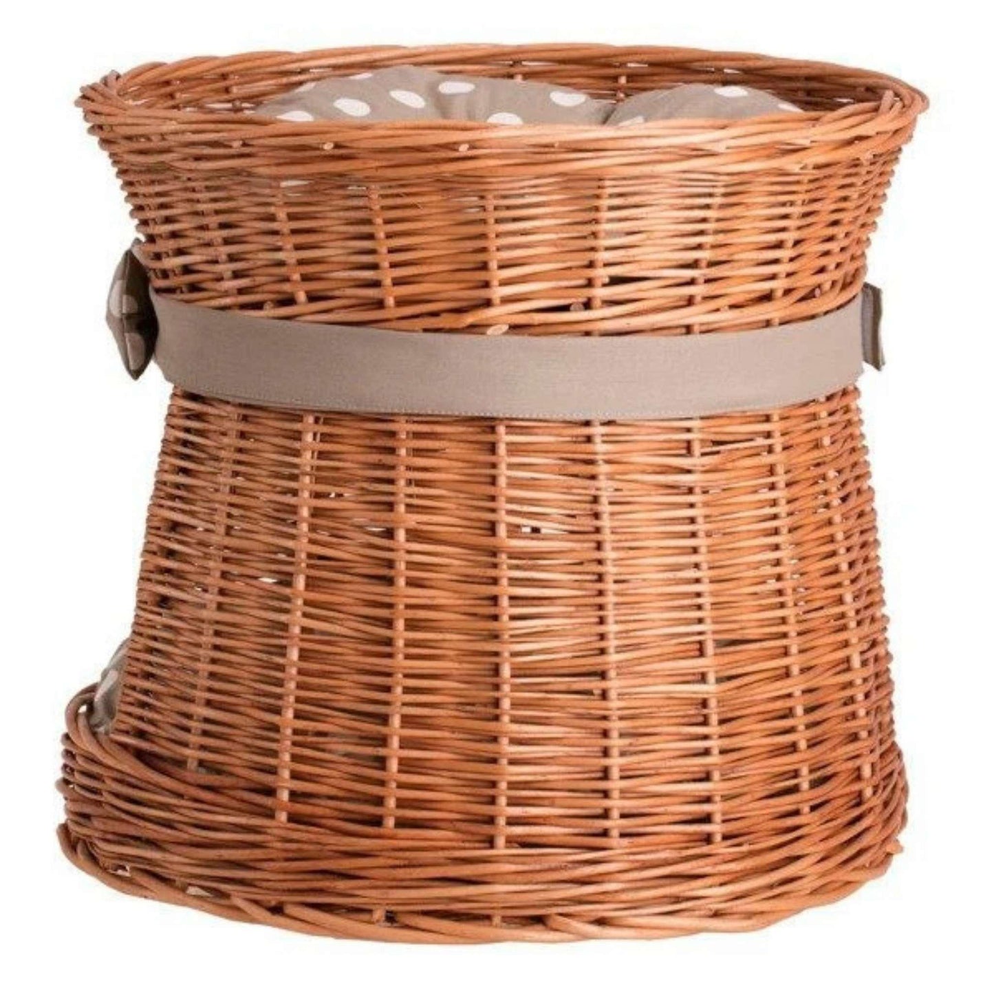 Wicker basket with a beige strap on a white background