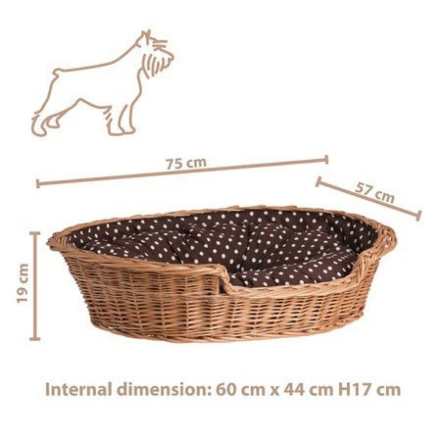Wicker pet bed with dimensions on a white background