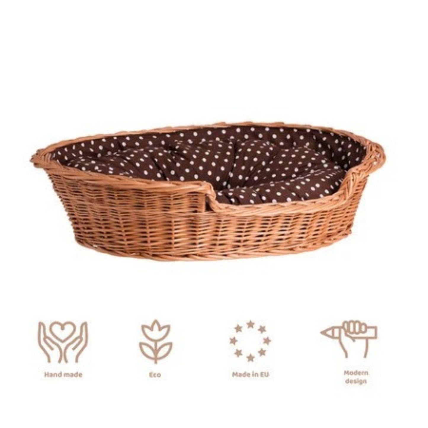 Wicker pet bed with brown interior on a white background, featuring eco-friendly and handmade symbols.