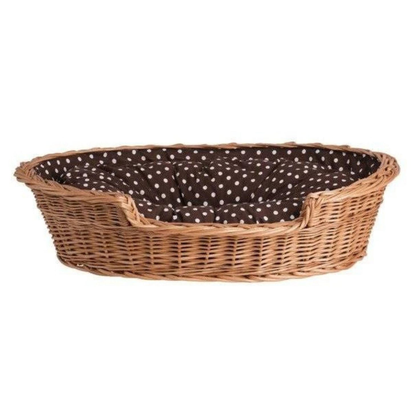 Wicker pet bed with a brown and white polka dot interior on a white background