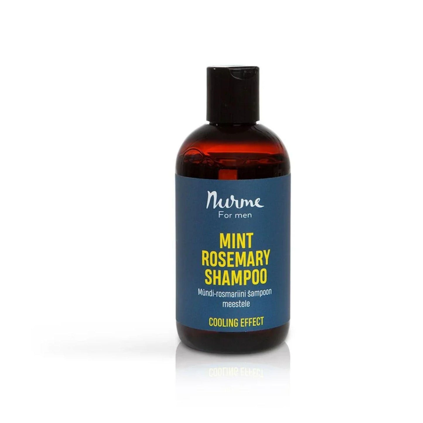 Bottle of Mint Rosemary Shampoo with blue label on a white background