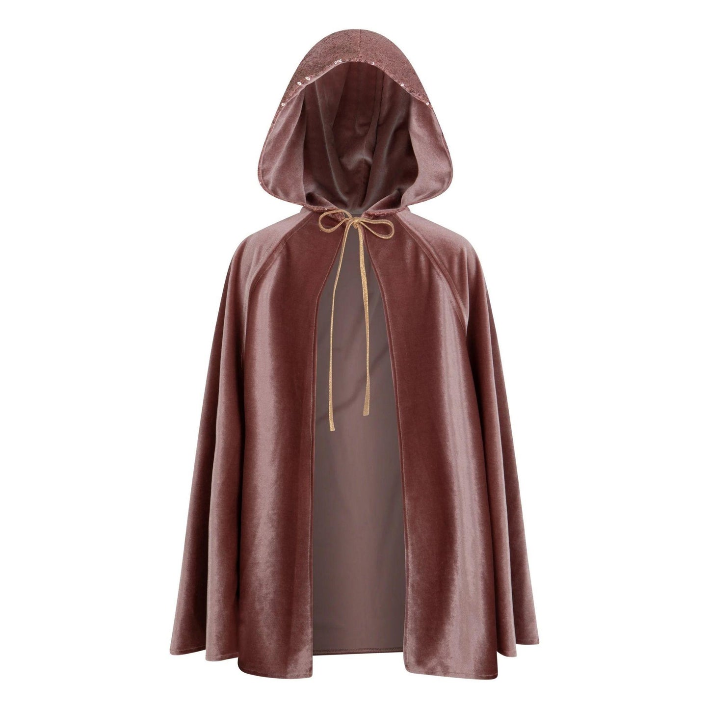 Brown hooded cloak with a gold drawstring on a white background