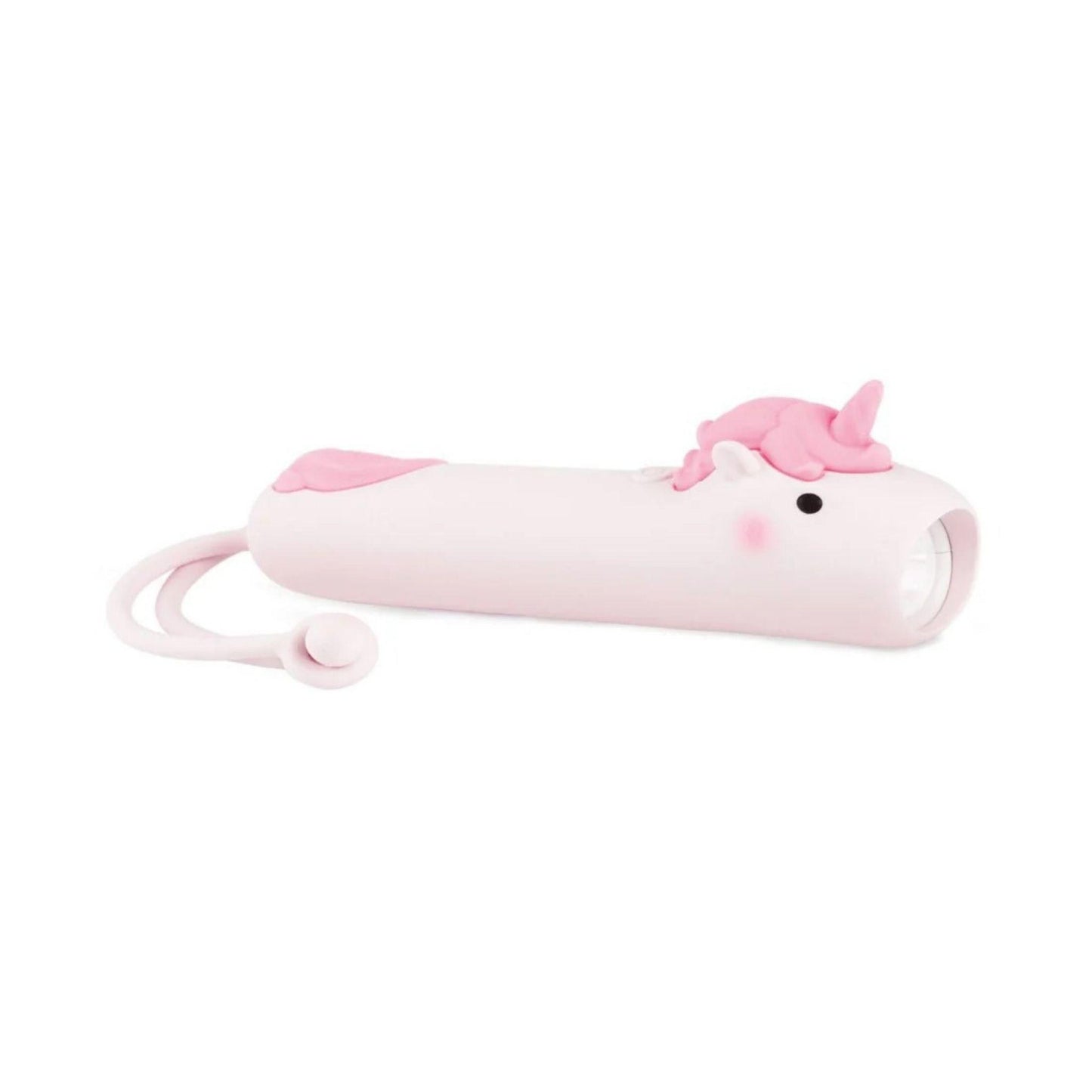Pink and white unicorn-shaped object on a white background
