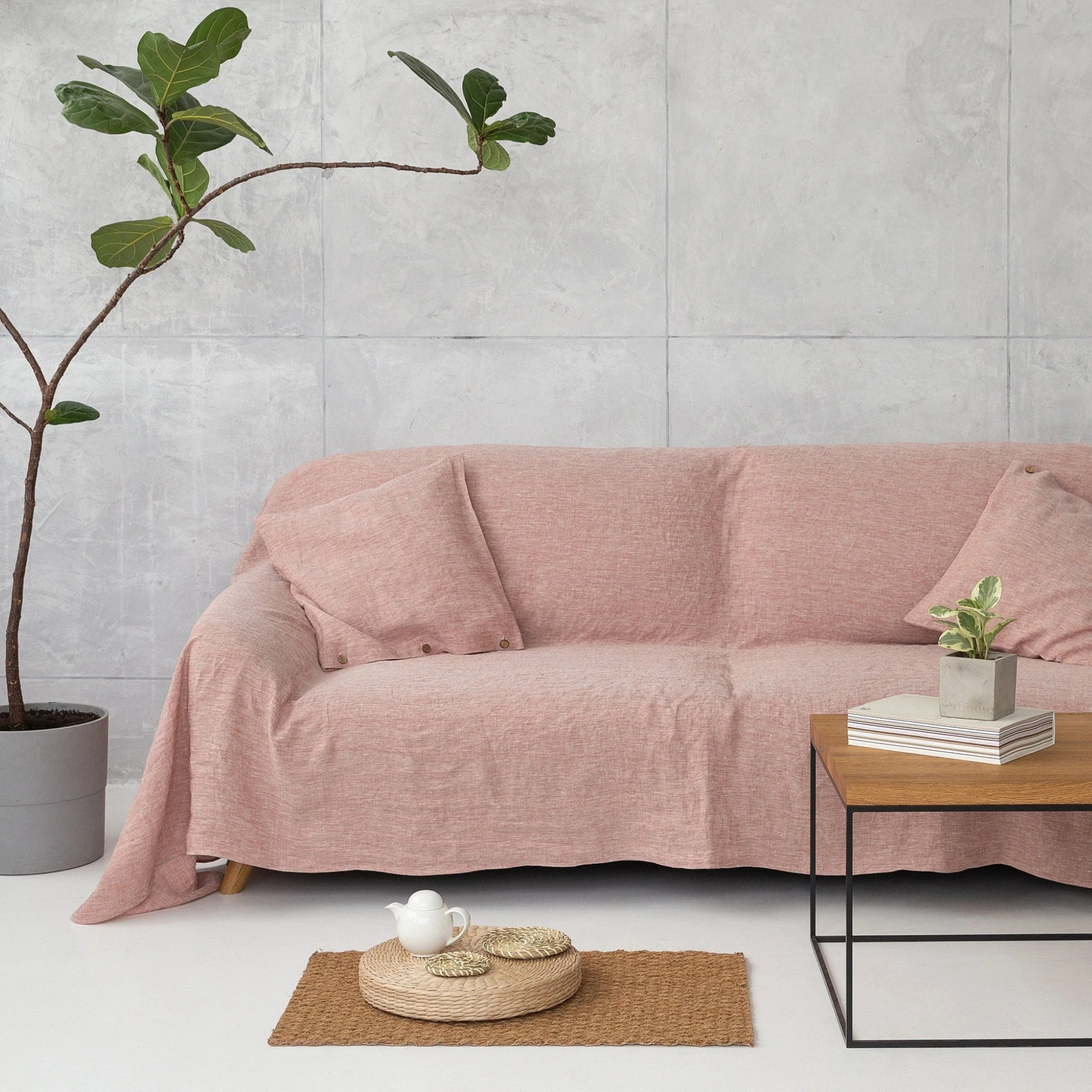 Kivik linen couch cover - Melange Burgundy