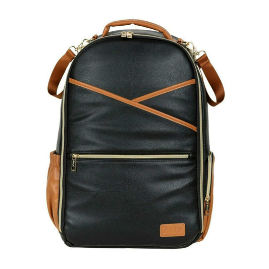 Black backpack with brown accents on a white background