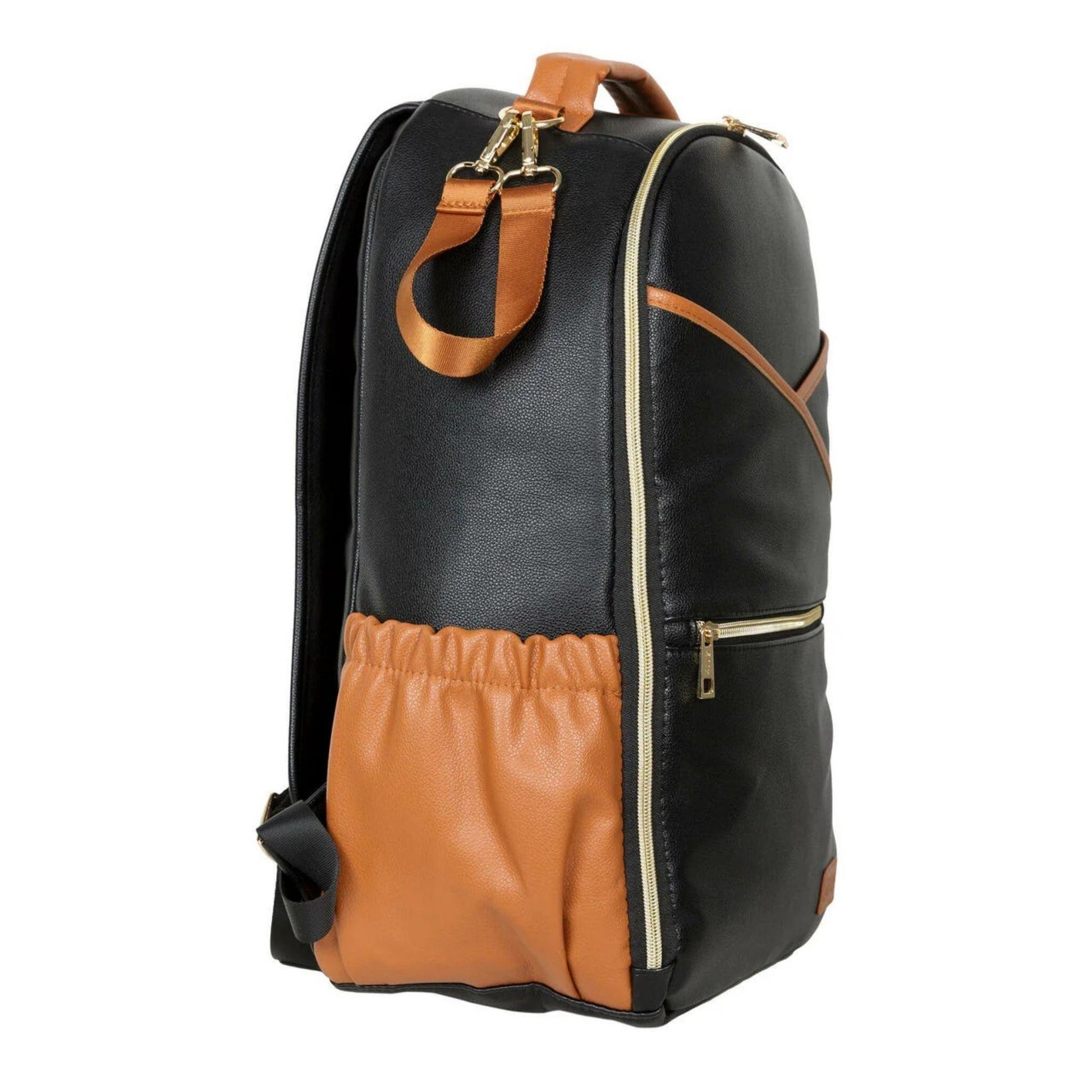 Black and brown backpack on a white background