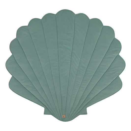 Teal scalloped placemat on a white background