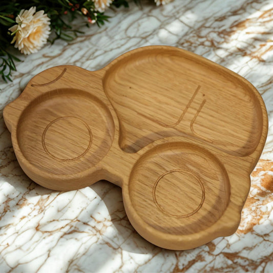 Wooden tray with a unique design on a marble surface