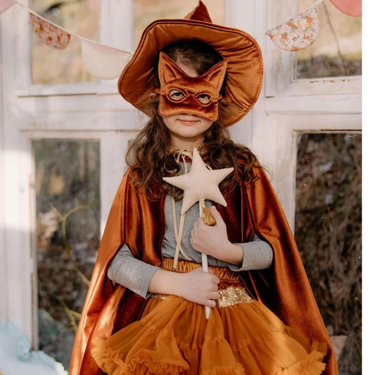 Child in a fox costume with a mask and cape, holding a wand with a star, in front of a window.