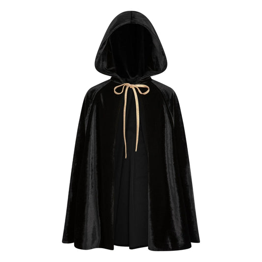 Black hooded cloak with a beige ribbon on a white background