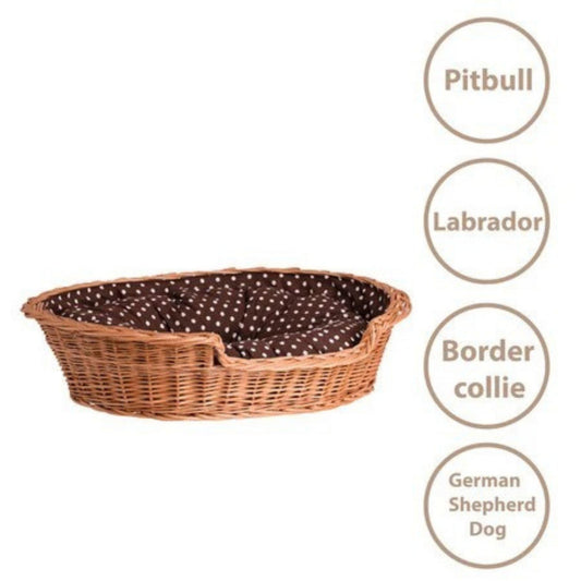 Wicker pet bed with size recommendations for different dog breeds on a white background