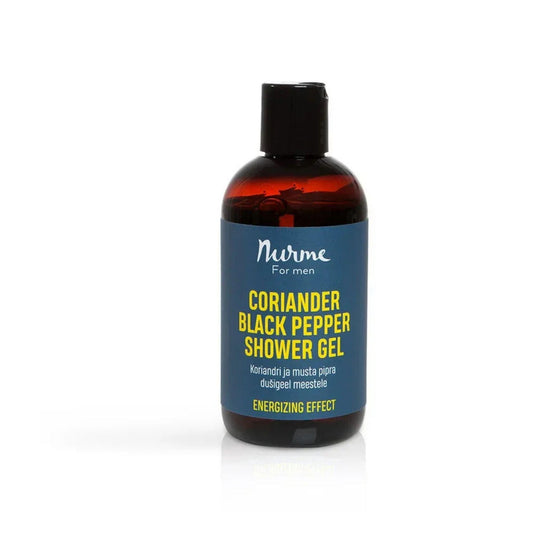Bottle of coriander black pepper shower gel with a blue label on a white background