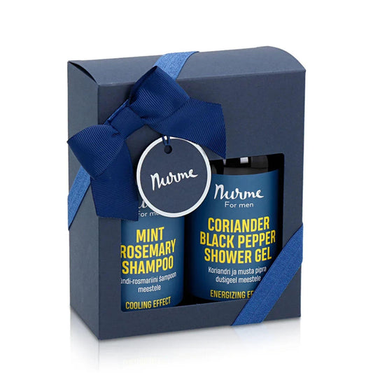 One bottle of Nurme shampoo and shower gel in a decorative box with a blue ribbon.