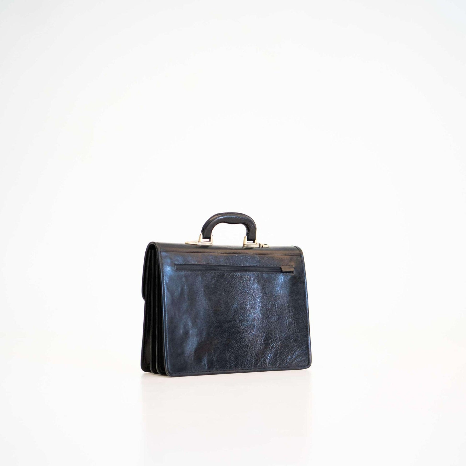 Black leather briefcase on a white background