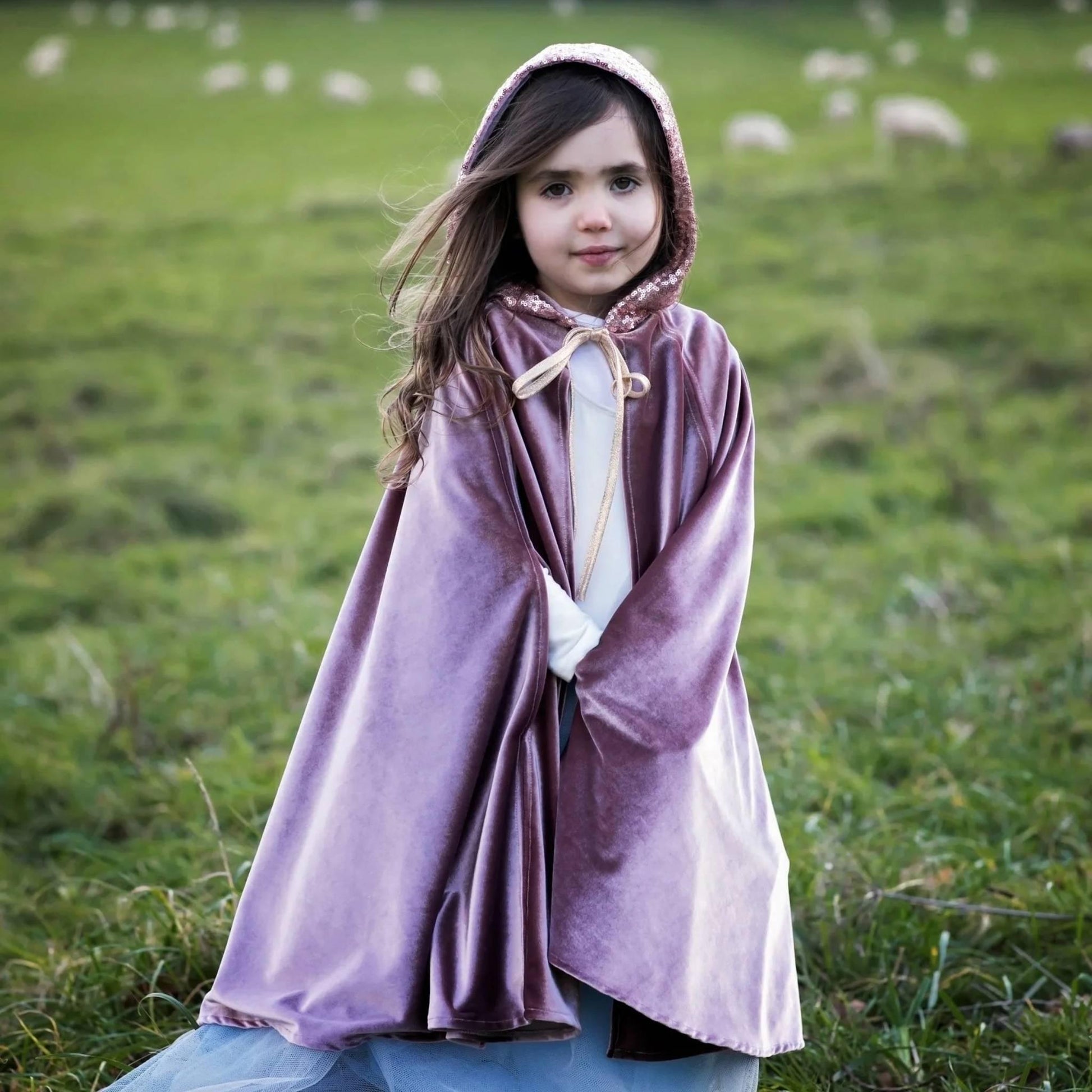 Young girl in a purple hooded cloak standing in a grassy field with sheep in the background
