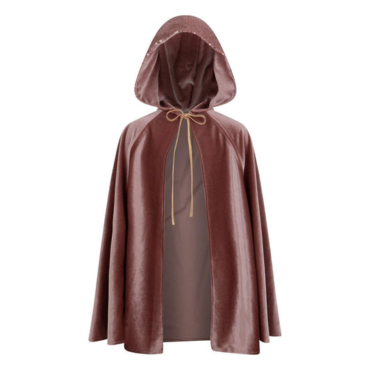 Brown hooded cloak with a gold drawstring on a white background