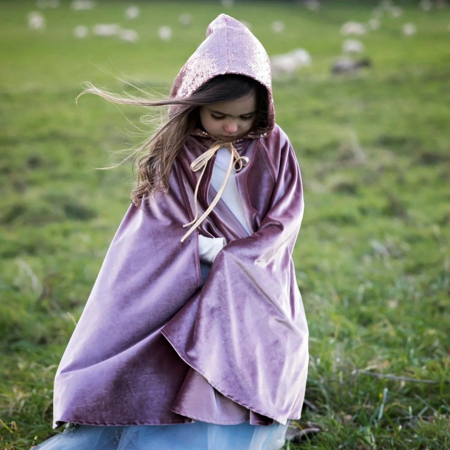 Person wearing a purple hooded cloak in a grassy field